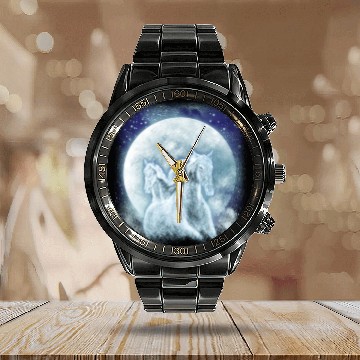 Discover Two White Horses In The Moonlight Horse Calendar Steel Band Watch