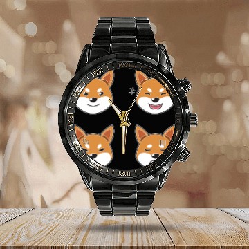 Discover Funny Shiba Inu Dog Cartoon Faces Calendar Steel Band Watch