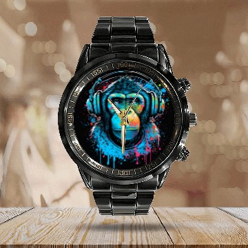 Discover ape, primate, monkey wearing headphones Calendar Steel Band Watch