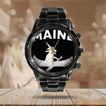 Discover Maine , Paddling Moose Calendar Steel Band Watch