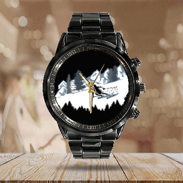 Discover Skier and Mountains, Skiing Calendar Steel Band Watch
