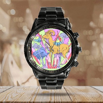 Discover A goat and a fish in a fantasy garden Calendar Steel Band Watch