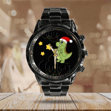 Discover Dino celebrates christmas - Merry Christmas black Calendar Steel Band Watch