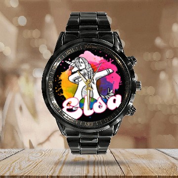 Discover ELSA - Beautiful name with dabbing unicorn Calendar Steel Band Watch
