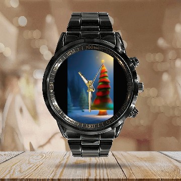 Discover Mushroom green and red Christmas tree Calendar Steel Band Watch