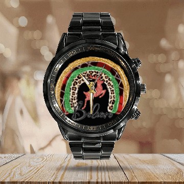 Discover Xmas Christmas Believe Deer Buffalo Plaid Calendar Steel Band Watch