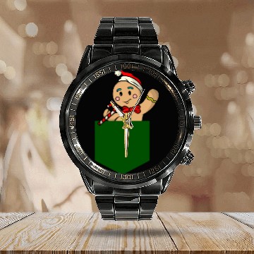 Discover Christmas gingerbread man in breast pocket gift Calendar Steel Band Watch