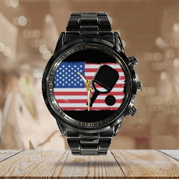 Discover American Flag US 4th Of July Pickleball Funny Calendar Steel Band Watch