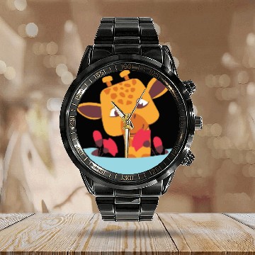 Discover kawaii funny cute baby giraffe smells flowers Calendar Steel Band Watch