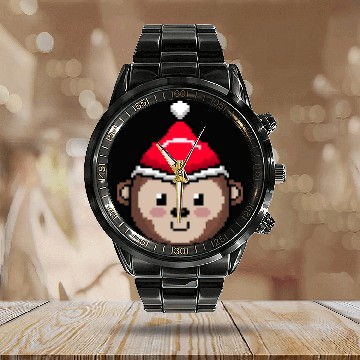 Discover Monkey Pixelated Christmas - Funny Monkey Xmas Calendar Steel Band Watch