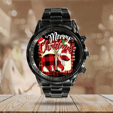 Discover Merry Christmas Vintage Black Buffalo Plaid bear Calendar Steel Band Watch