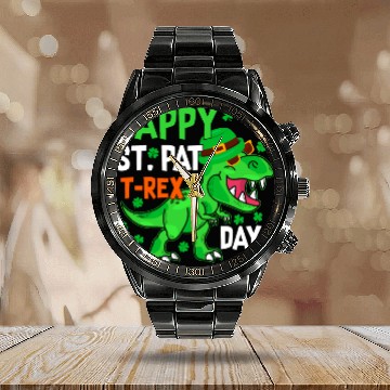 Discover Happy St Pat T-Rex Saint Patrick's Day Dinosaur Bo Calendar Steel Band Watch