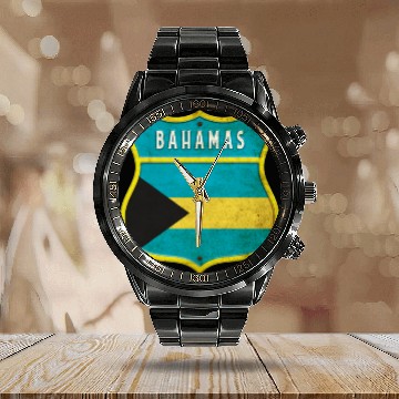 Discover Bahamas coat of arms flag design Calendar Steel Band Watch