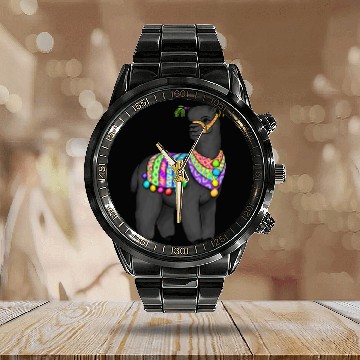 Discover Black Alpaca in Peruvian folk colors and tassels Calendar Steel Band Watch