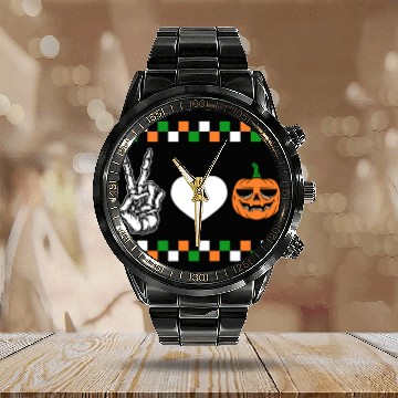 Discover Halloween Calendar Steel Band Watch, Peace Love Pumpkin Skeleton Hand