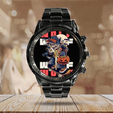 Discover Black Beige Navy Illustrated Werewolf Calendar Steel Band Watch