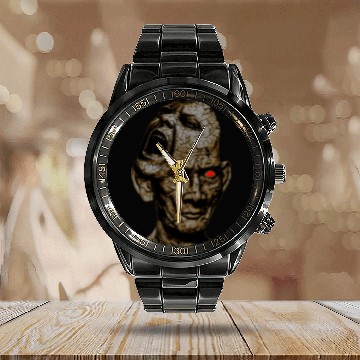 Discover Stoic Old Man With Cracked Leathery Skin Red Eyes Calendar Steel Band Watch