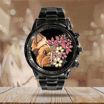 Discover Yorkshire Terrier Dog Yorkie Face Flowers Calendar Steel Band Watch