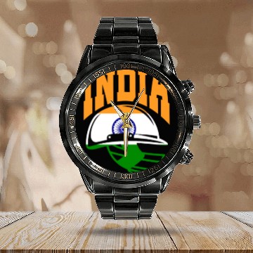 Discover India Helmet Cricket Player Calendar Steel Band Watch