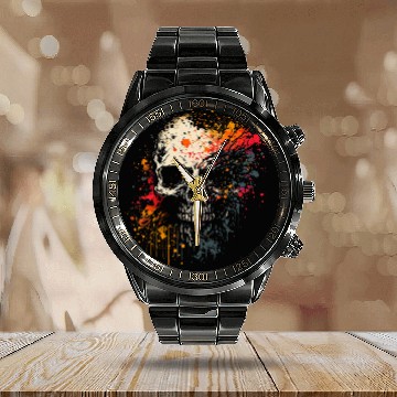 Discover Ink Splatter Skull Calendar Steel Band Watch
