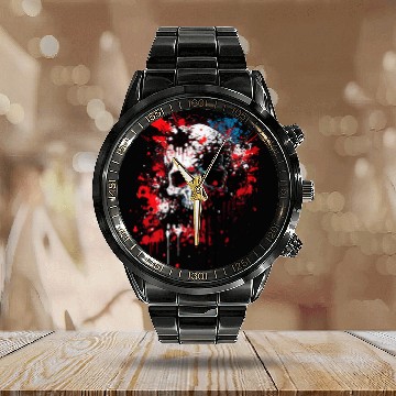 Discover Ink Splatter Skull Calendar Steel Band Watch