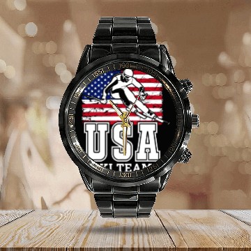 Discover USA Ski Team, American Flag Skiing Calendar Steel Band Watch