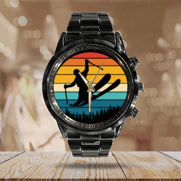 Discover Skiing Retro Vintage Calendar Steel Band Watch