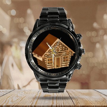 Discover enchanting log cabin in 3D style in wood optics Calendar Steel Band Watch