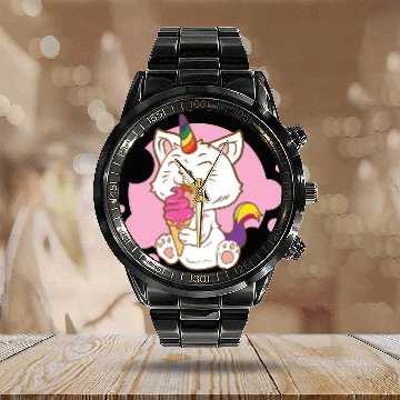 Discover Cat Eating Ice Cream Rainbow Cat Lady Gift Idea Calendar Steel Band Watch