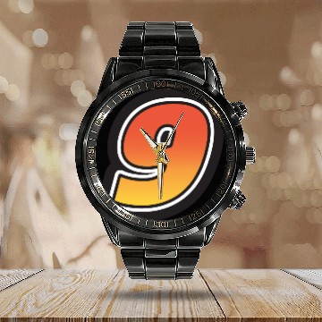Discover Number Nine 9 Gradient Yellow Orange 3 Stroke Calendar Steel Band Watch