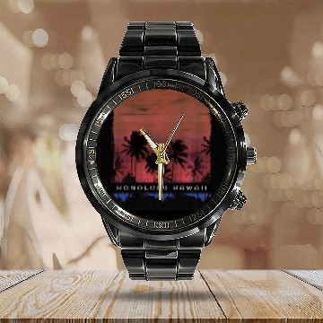 Discover Honolulu Oahu Hawaii Vacation Souvenir Palm Tree Calendar Steel Band Watch