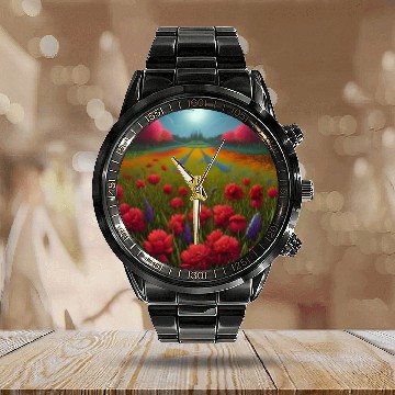 Discover Beautiful Flowers along the Field Road Horizon Calendar Steel Band Watch