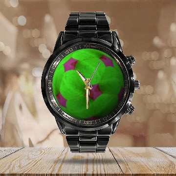 Discover Neon Green 3D with Purple Connected Star Shapes Calendar Steel Band Watch