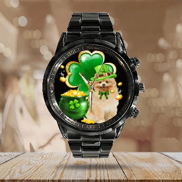 Discover Pomeranian Dog Shamrock St Patricks Day Calendar Steel Band Watch