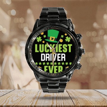 Discover Luckiest Driver Ever St. Patrick's Saint Pattys Calendar Steel Band Watch