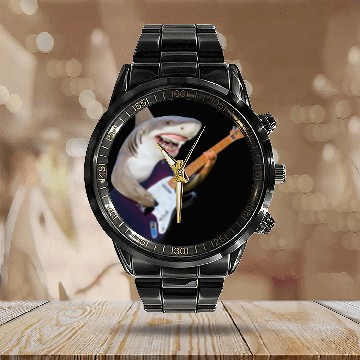 Discover Shark jamming on an electric guitar Calendar Steel Band Watch