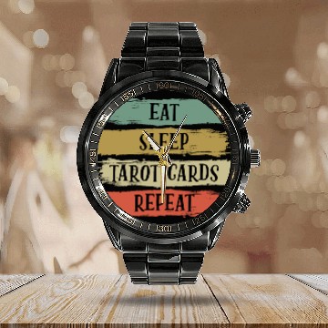 Discover Eat Sleep Retro Vintage Tarot Cards Cartomancy Calendar Steel Band Watch
