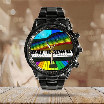 Discover piano in front of a colorful rainbow Calendar Steel Band Watch