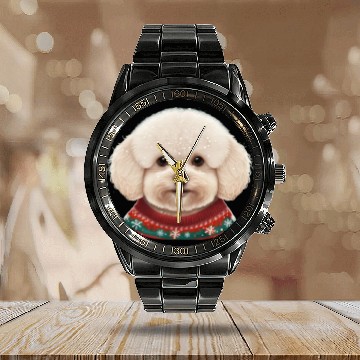 Discover Festive Bichon Frise in a Christmas Sweater Calendar Steel Band Watch