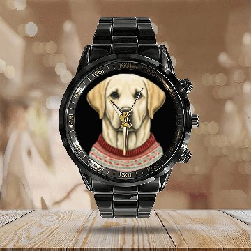 Discover Festive Labrador Retriever in a Christmas Sweater Calendar Steel Band Watch