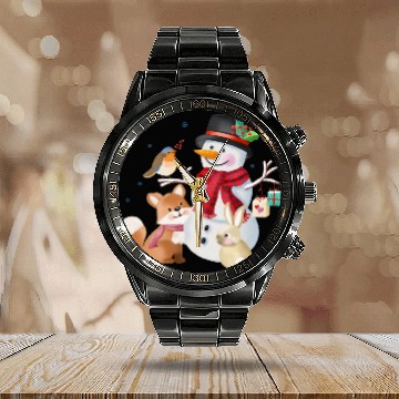 Discover Snowman with fox, rabbit and robin Calendar Steel Band Watch