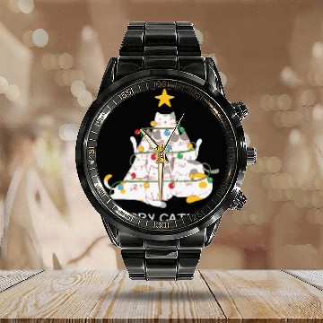 Discover Meowy And Bright Christmas Tree Lights Funny Meowy Calendar Steel Band Watch
