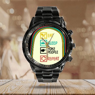 Discover Acupuncture Calendar Steel Band Watch, Eat Sleep Poke People Repeat