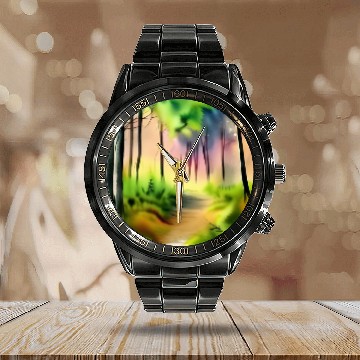 Discover Water color green forest Calendar Steel Band Watch