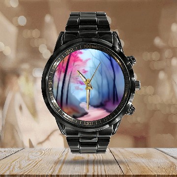 Discover Pink and blue watercolor trees Calendar Steel Band Watch