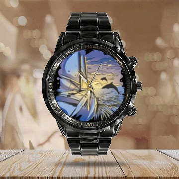 Discover Boat sailing ocean sunset dolphin Boat sailing oce Calendar Steel Band Watch