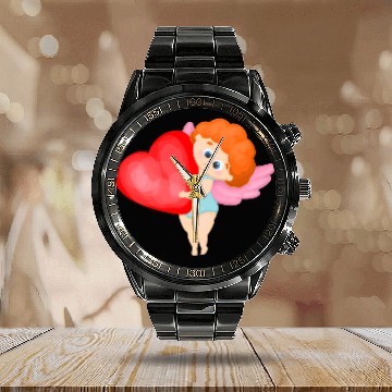 Discover Lovely cupids. Cupid with a red heart Calendar Steel Band Watch