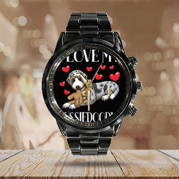 Discover Aussiedoodle Dog With Stuffed Animal Calendar Steel Band Watch