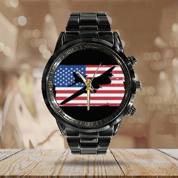 Discover B-17 Flying Fortress Airplane American Flag WW2 Calendar Steel Band Watch