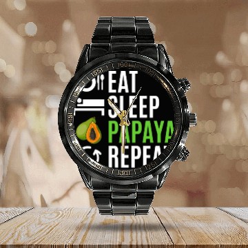 Discover Eat Sleep Papaya Repeat Calendar Steel Band Watch